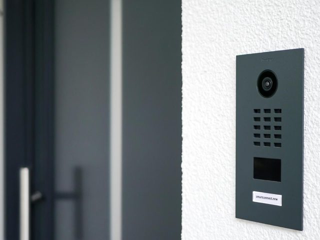 Eigenes Haus in Gelsenkirchen: DoorBird-Türstation am Eingang mit smartconnect-Schild